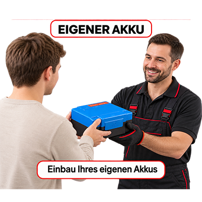 Einbau Ihres Akkus Wir bauen ihren Akku ein den Sie wo anders erworben haben inkl. Befestigung, Sicherung und Hauptschalter.